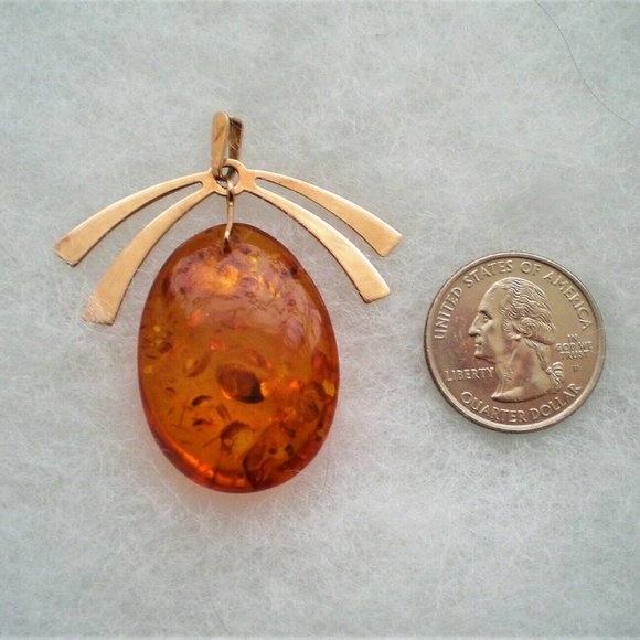 Vintage Russian Soviet USSR 14K 583 Rose Pink Gold Baltic Honey AMBER PENDANT - Picture 2 of 5